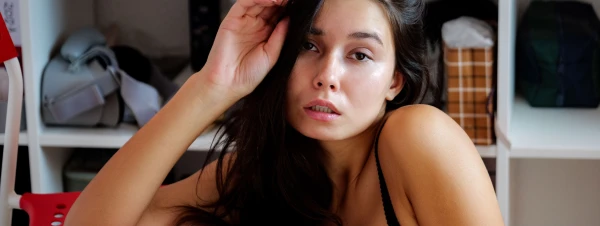 Midesa sexy posing in leather skirt and leather bra